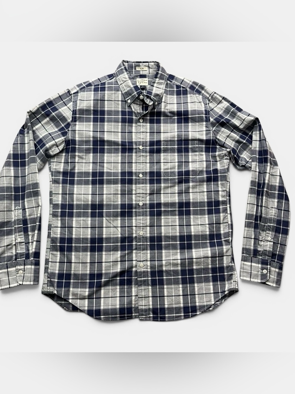 J. Crew Slim Fit Navy Blue Plaid Button Down Cotton Long Sleeve Shirt Size L